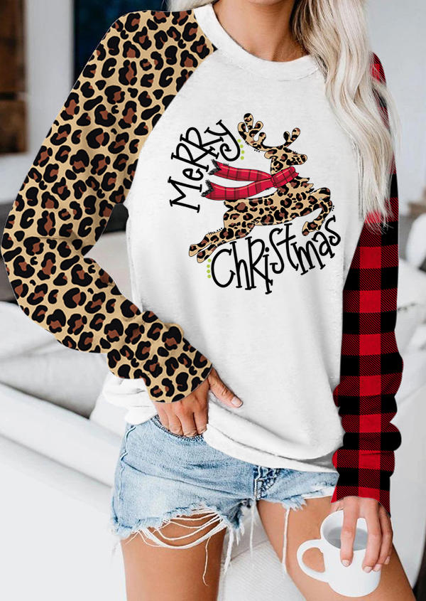 Merry Christmas Reindeer Leopard Plaid Sweatshirt - White