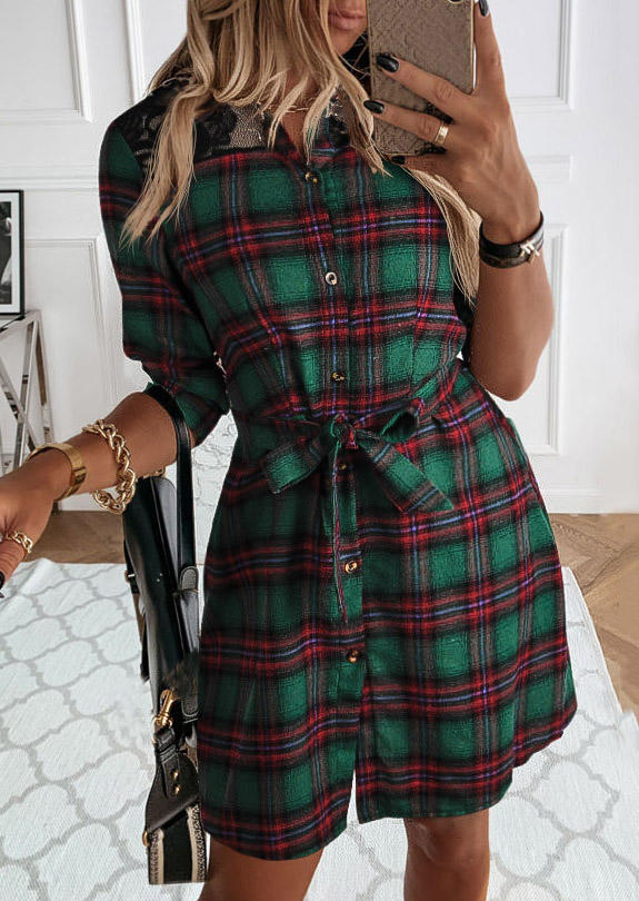

Plaid Turn-down Collar Mini Dress - Green, 523390