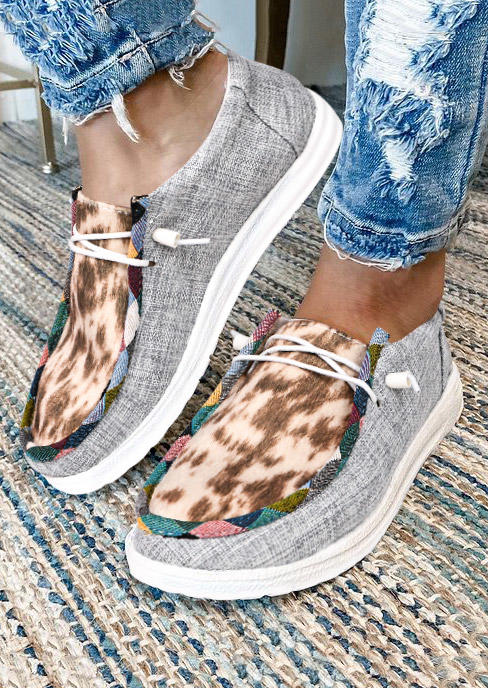 

Leopard Lace Up Round Toe Flat Sneakers - Brown, 523480