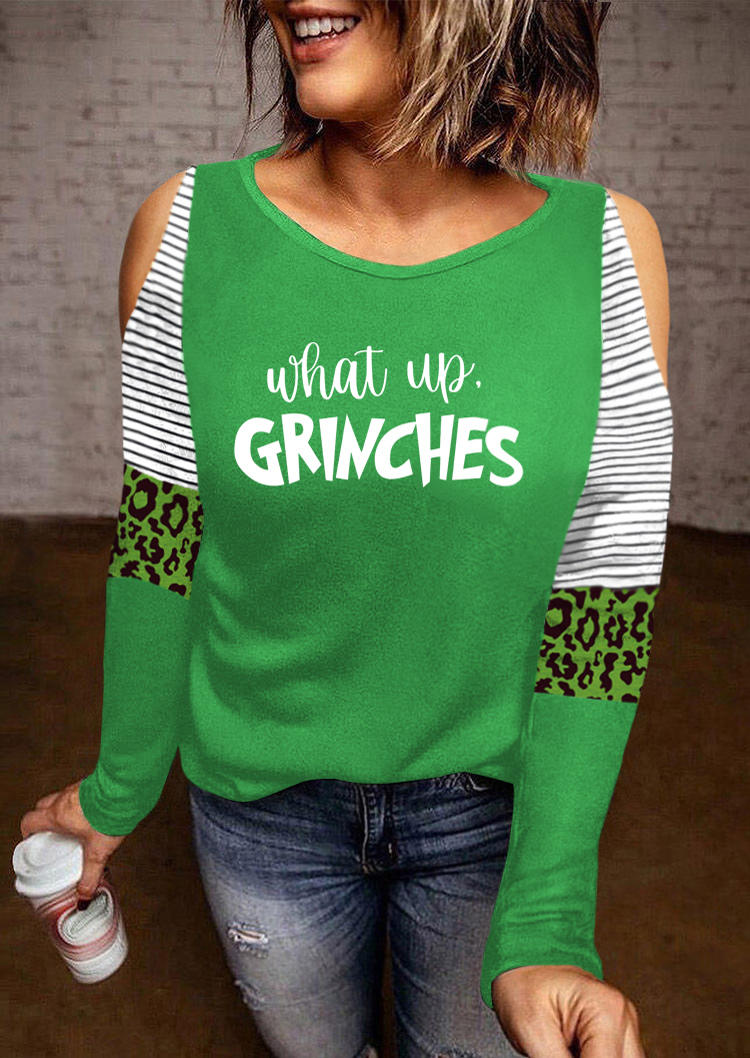 

Christmas What Up Striped Leopard Cold Shoulder Blouse - Green, 523514