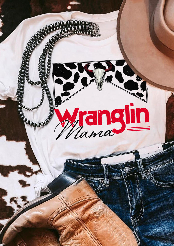 

Wranglin Mama Cow Steer Skull T-Shirt Tee - White, 523820