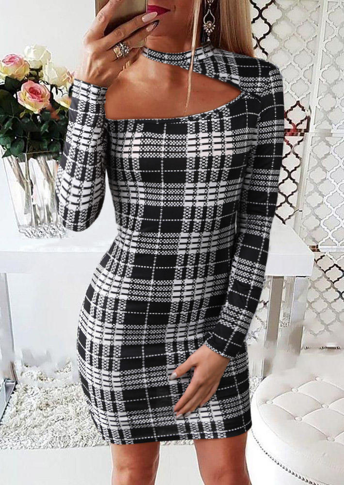 

Plaid Cut Out Long Sleeve Bodycon Dress - Black, 524017