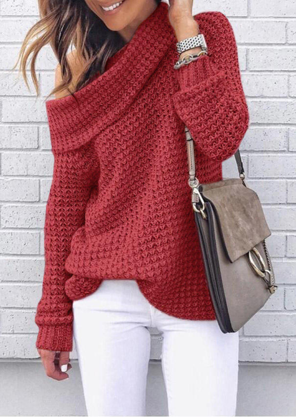 

Pullover Knitted Long Sleeve Sweater - Brick Red, 524136