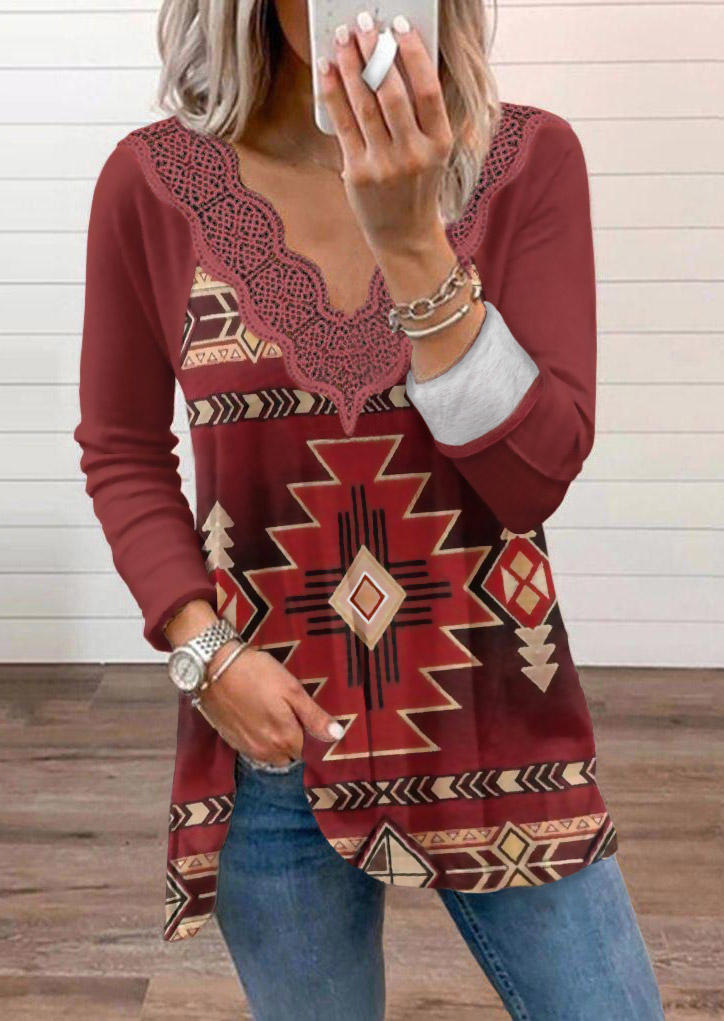 

Aztec Geometric Lace Splicing Blouse, Multicolor, 524145