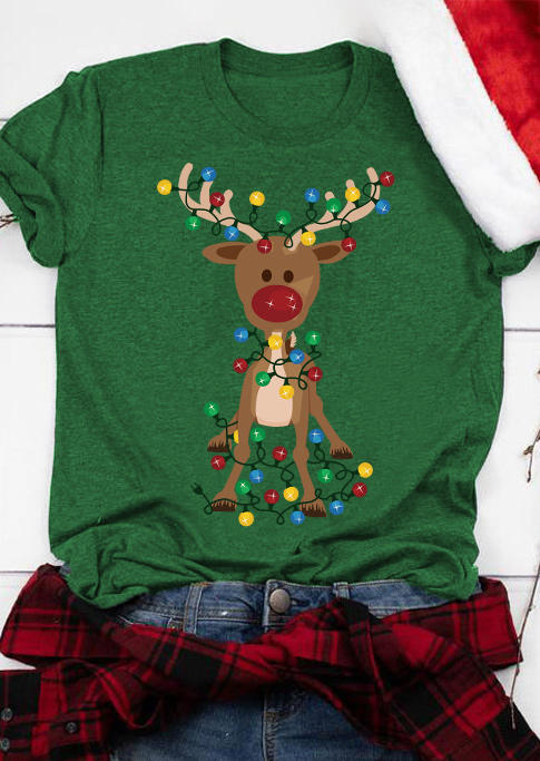 

Reindeer O-Neck T-Shirt Tee - Green, 524374