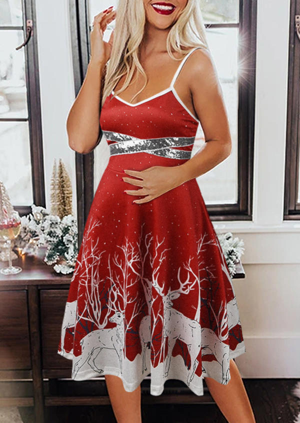 

Christmas Reindeer Spaghetti Strap Mini Dress - Red, 524455