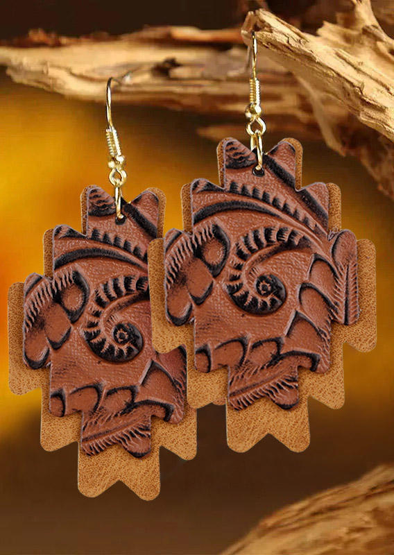

Vintage Embossed Geometric Earrings, Brown, 524519