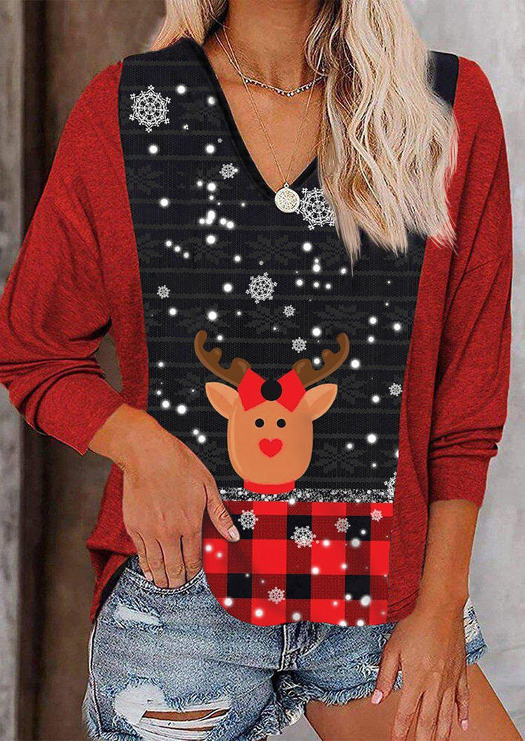 

Christmas Reindeer Plaid V-Neck Blouse - Red, 524540