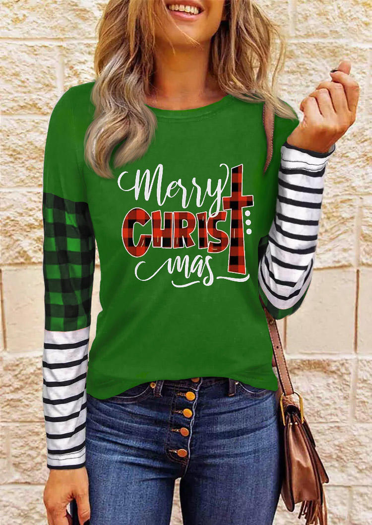 

Merry Christmas Plaid Striped Cross Blouse - Green, 524543