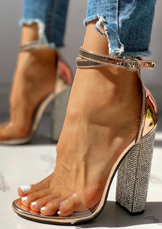 

Rhinestone Buckle Strap Heeled Sandals - Gold, 524682