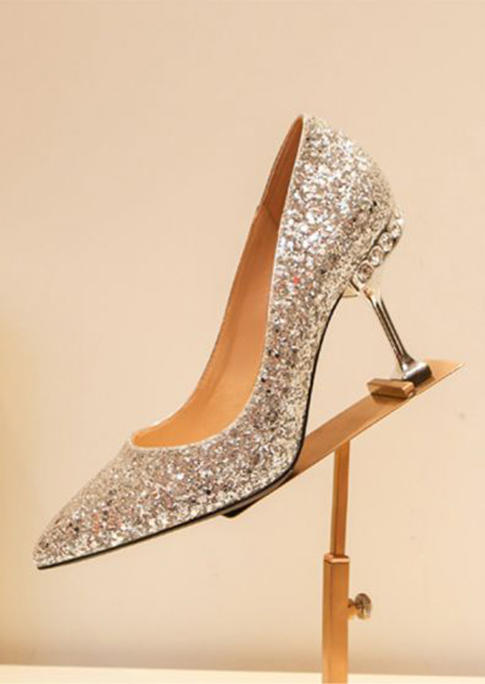 Sequined Pointed Toe Heels - Silver