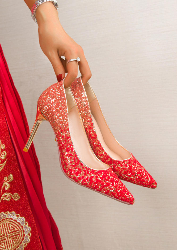 

Gradient Sequined Pointed Toe Heels - Red, 524717