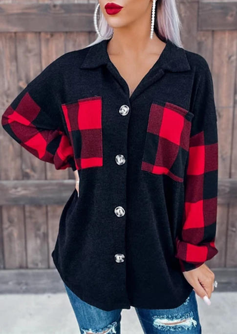 

Buffalo Plaid Splicing Shirt Coat - Black, 524722