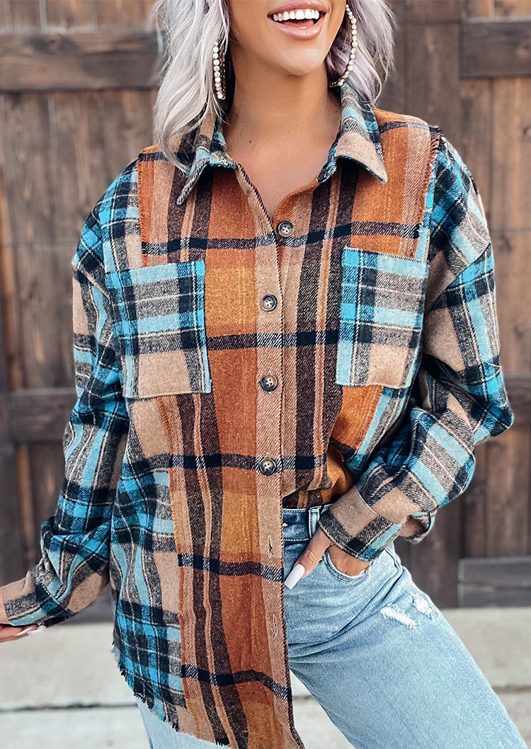 

Plaid Pocket Button Long Sleeve Shirt Coat, Multicolor, 524723