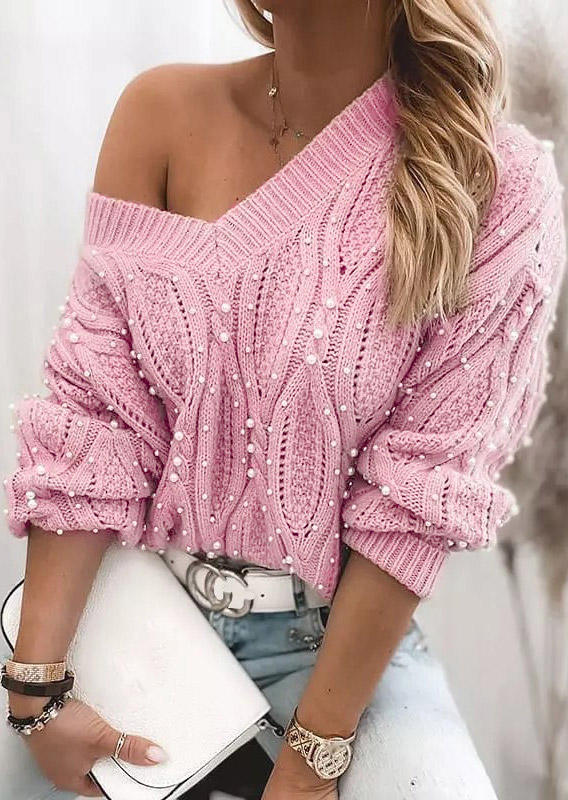 

Crochet Beading Long Sleeve V-Neck Sweater - Light Pink, 521509