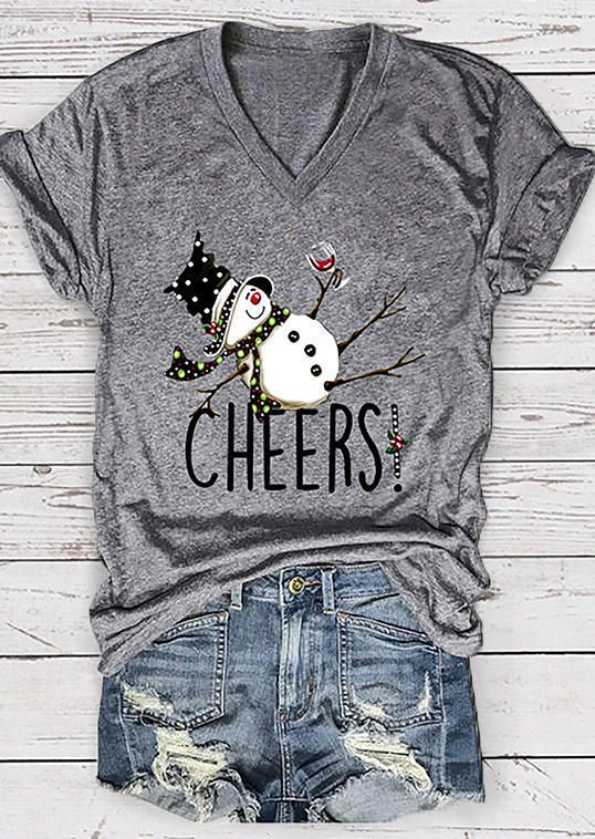 Buy Cheers Snowman Wine Glass V-Neck T-Shirt Tee - Gray. Picture