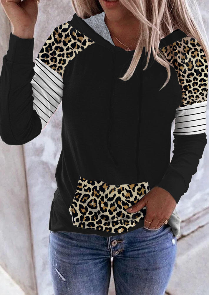 

Leopard Striped Kangaroo Pocket Hoodie - Black, 523624