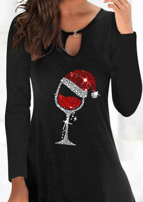 Christmas Hat Wine Hollow Out Mini Dress - Black