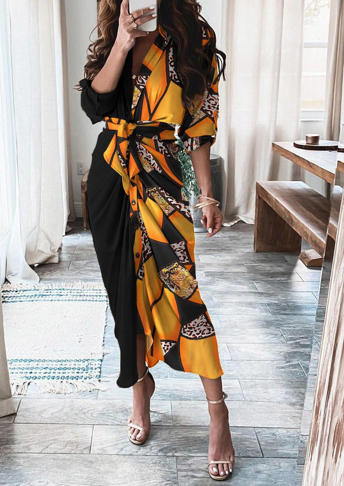 

Contrast Belted Long Sleeve Shirt Midi Dress - Yellow, 524257