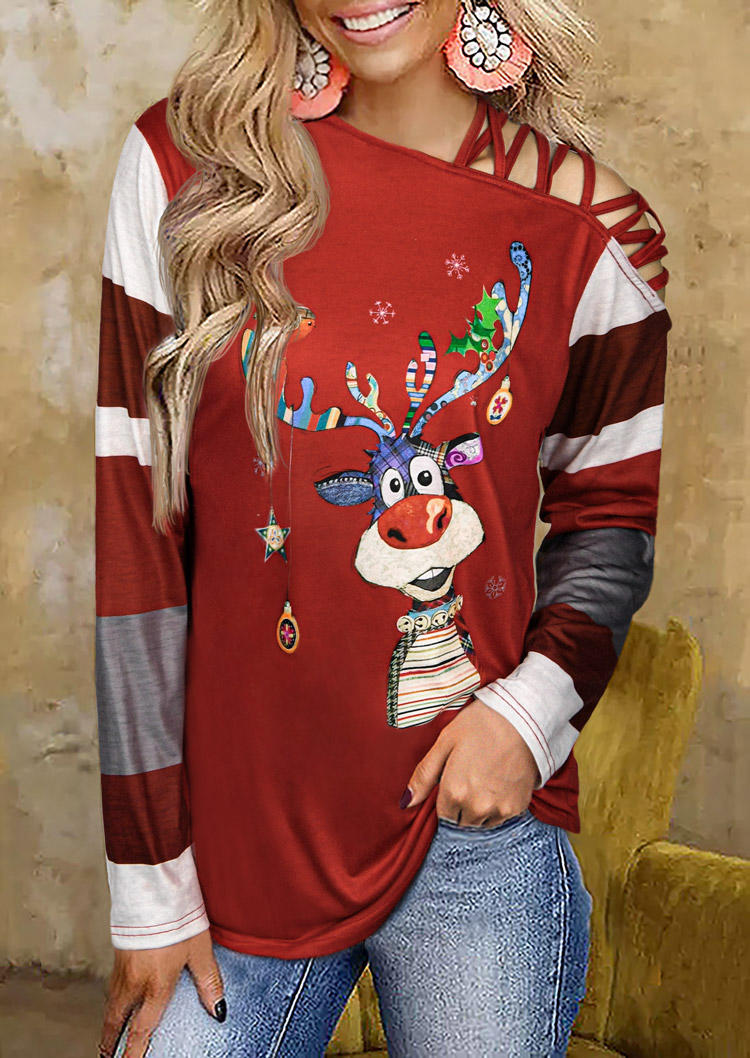 Christmas Reindeer Criss-Cross One Sided Cold Shoulder Blouse - Red