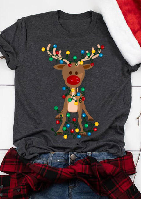 Christmas Reindeer O-Neck T-Shirt Tee - Green