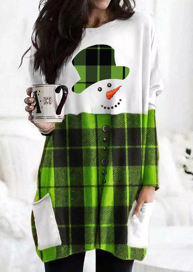 Snowman Plaid Pocket Mini Dress - Green