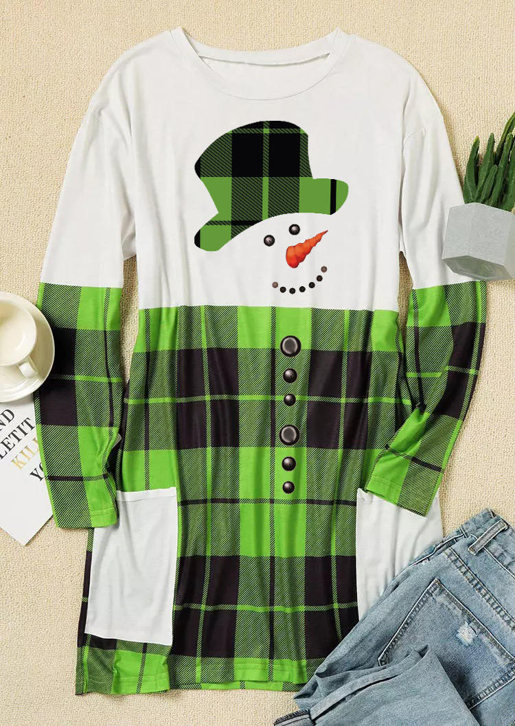 Snowman Plaid Pocket Mini Dress - Green