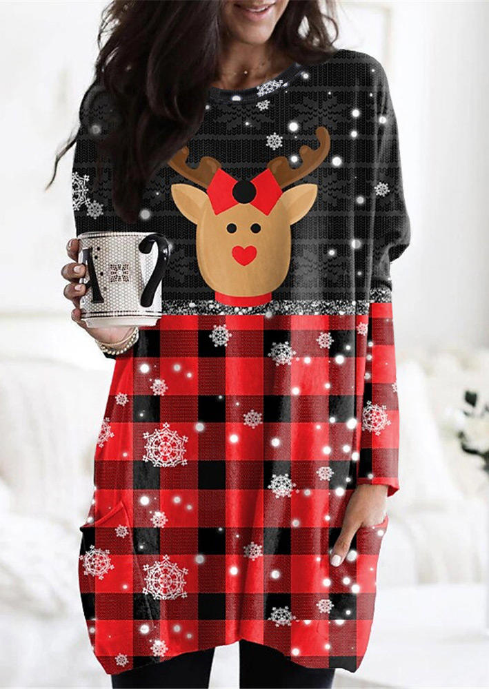 

Christmas Reindeer Plaid Pocket Mini Dress, Multicolor, 524394