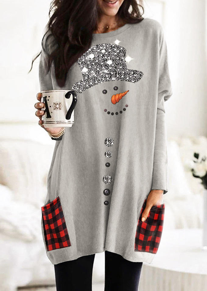

Christmas Snowman Plaid Pocket Mini Dress - Plaid, Gray, 524426
