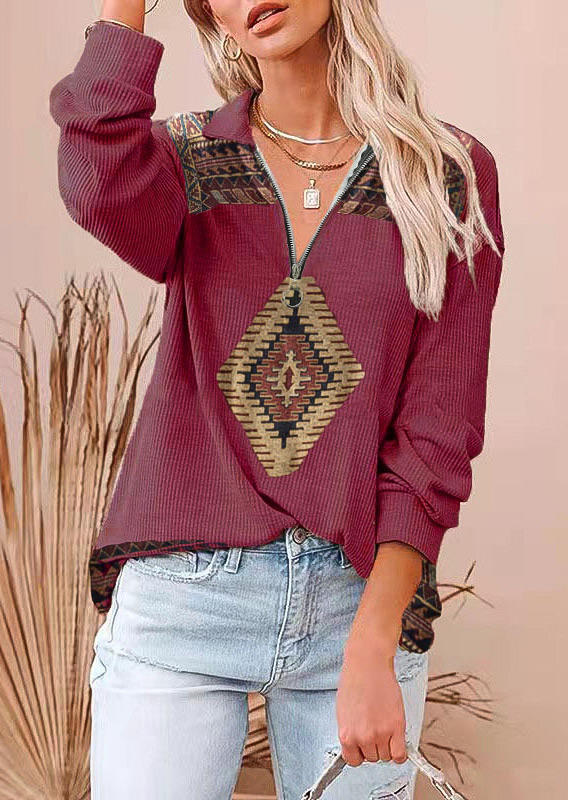 

Aztec Geometric Western Zipper Collar Blouse - Plum, 524492