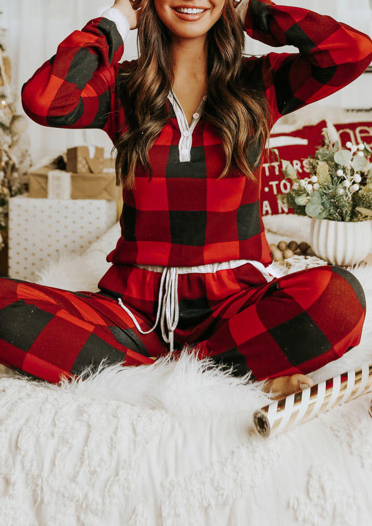 

Buffalo Plaid Button Blouse And Pocket Pants Two-Piece Set, Multicolor, 524598