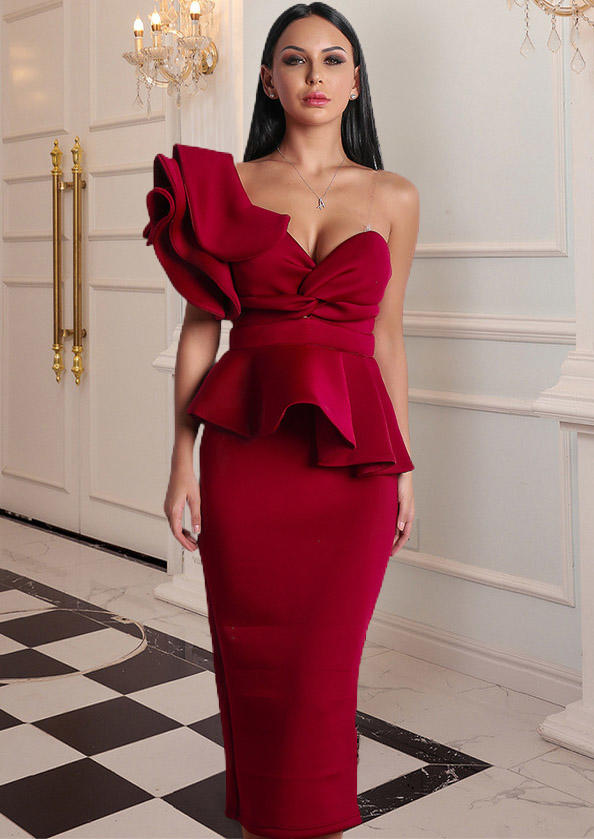 

Ruffled Twist Split One Shoulder Prom Dress - Burgundy, 524744