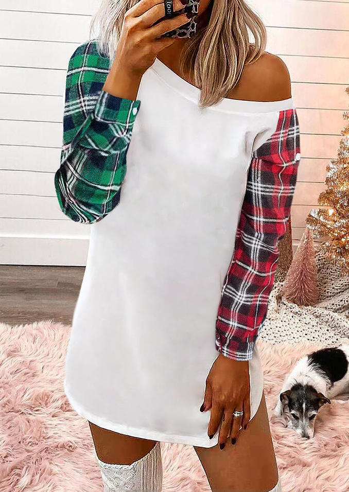 

Plaid Raglan Sleeve Mini Dress - White, 524761