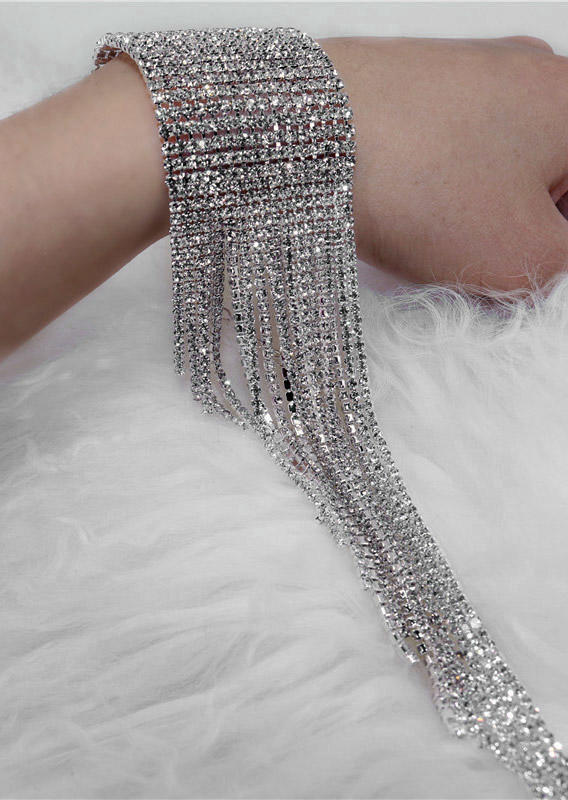 

Tassel Rhinestone Asymmetry Alloy Wide Bracelet, Silver, 524762