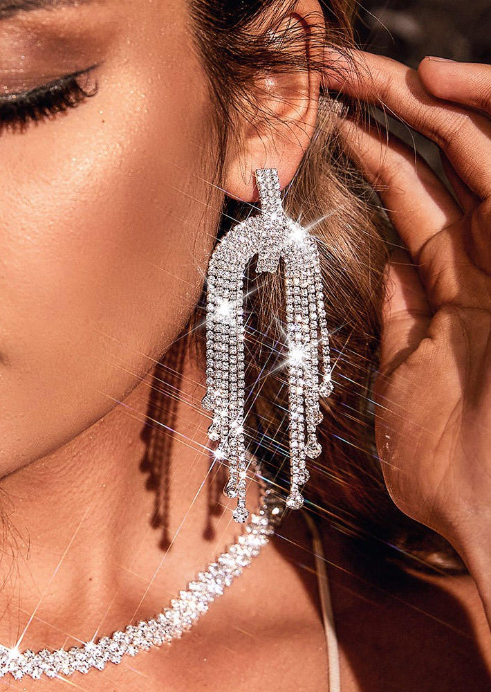 

Tassel Rhinestone Irregular Earrings, Silver, 524764