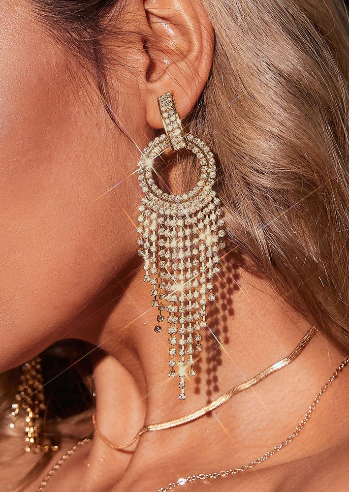 

Tassel Round Rhinestone Alloy Earrings, Gold, 524765