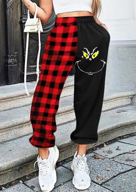 

Christmas Cartoon Plaid Color Block Sweatpants - Black, 524776
