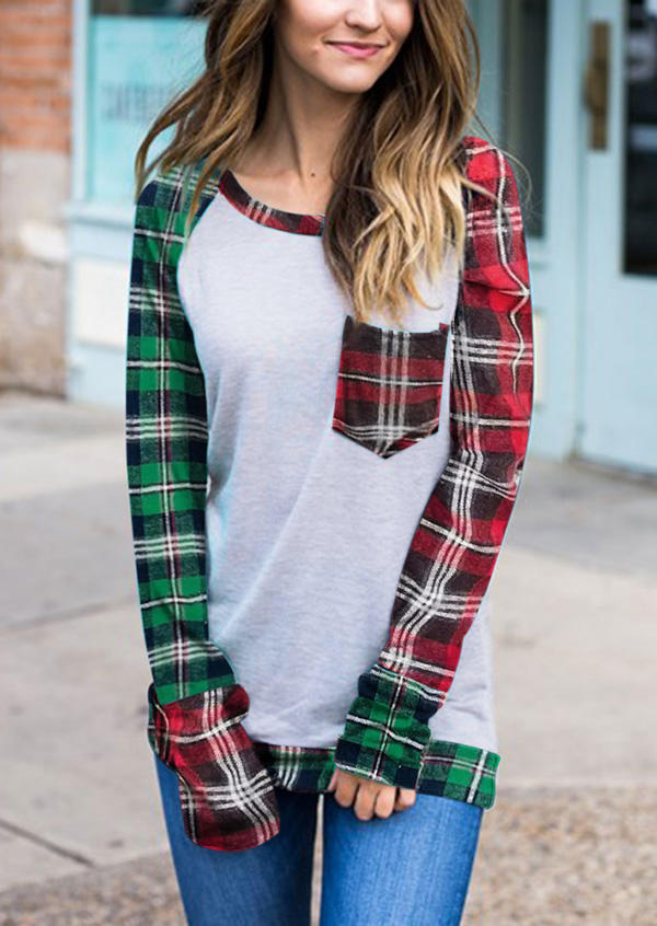 

Plaid Pocket Long Sleeve Blouse, Multicolor, 524777