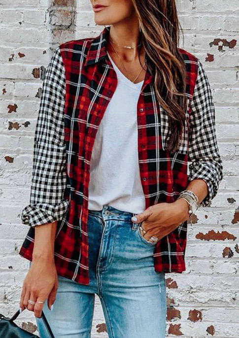 

Plaid Color Block Pocket Long Sleeve Shirt, 524801