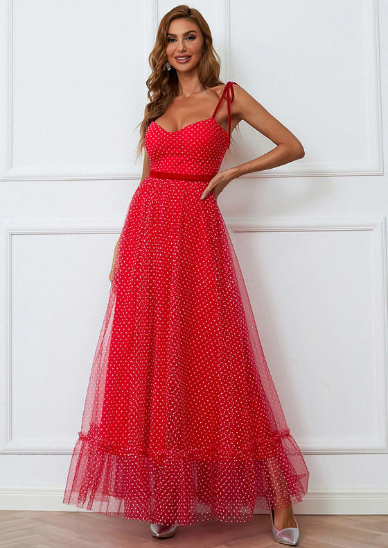 

Polka Dot Mesh Spaghetti Strap Prom Dress - Red, 524808