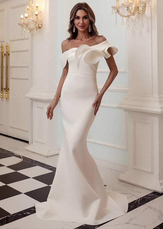 

Off Shoulder Ruffled Mermaid Hem Prom Dress - White, 524809