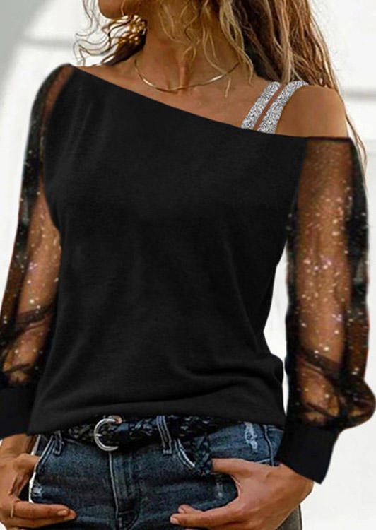 

Mesh Splicing Long Sleeve Blouse - Black, 524818