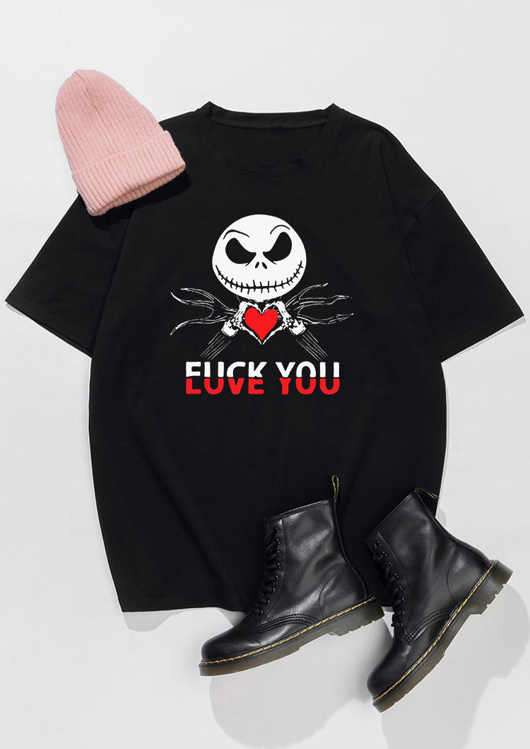 Valentine Love You Heart Skull T-Shirt Tee - Black