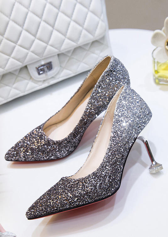 

Gradient Glitter Pointed Toe Heels - Silver, 524931