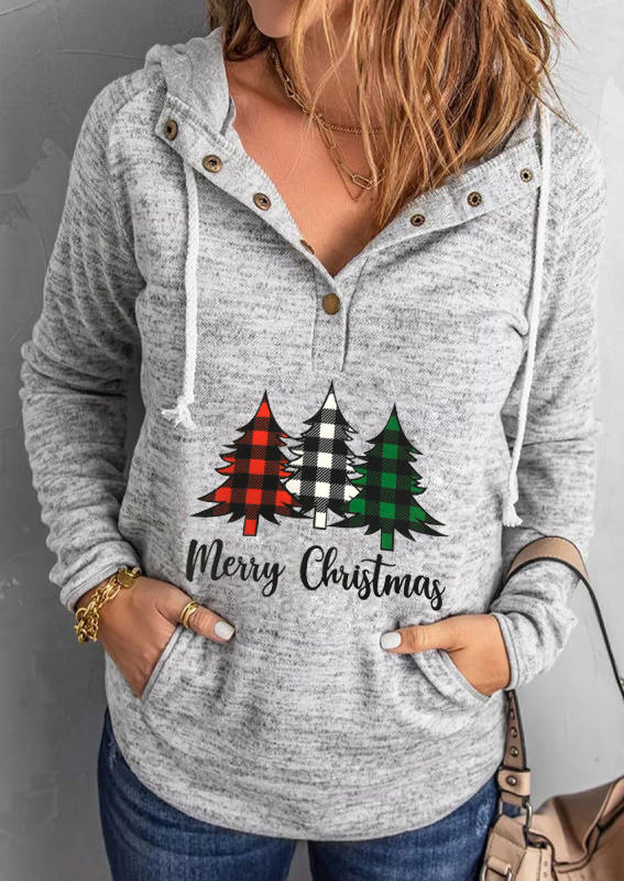 Merry Christmas Tree Plaid Button Hoodie - Gray