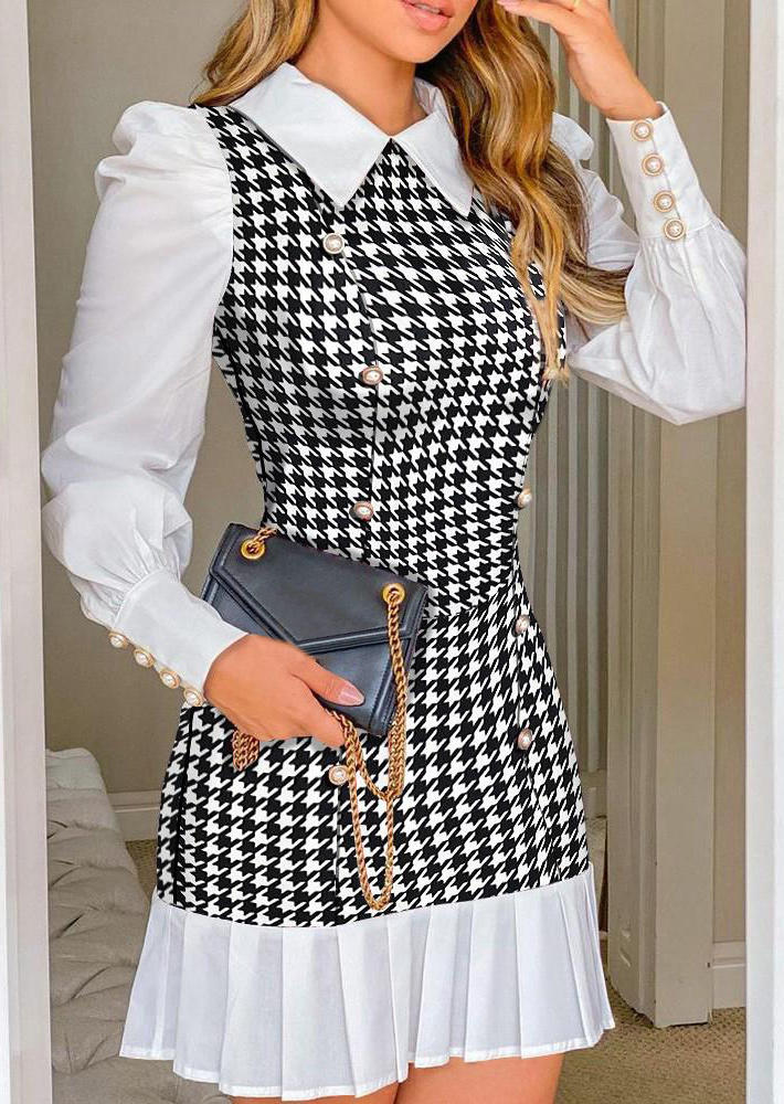 

Houndstooth Button Pleated Mini Dress - White, 524013