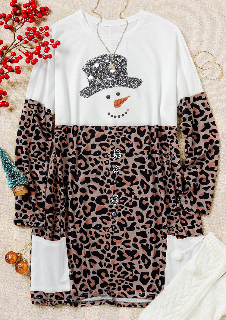 Christmas Snowman Leopard Pocket Mini Dress