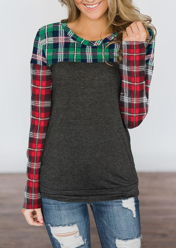 

Plaid Color Block Long Sleeve Blouse, Multicolor, 524727