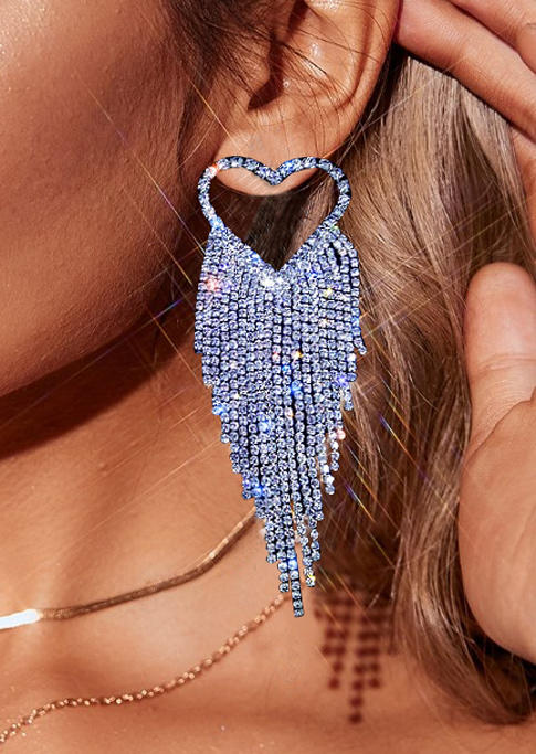 

Heart Tassel Rhinestone Alloy Earrings, Silver, 524879