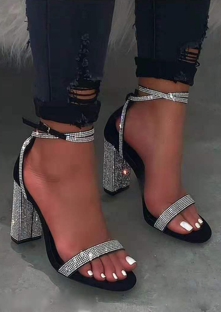 

Rhinestone Buckle Strap Square Heel Sandals - Silver, 524912